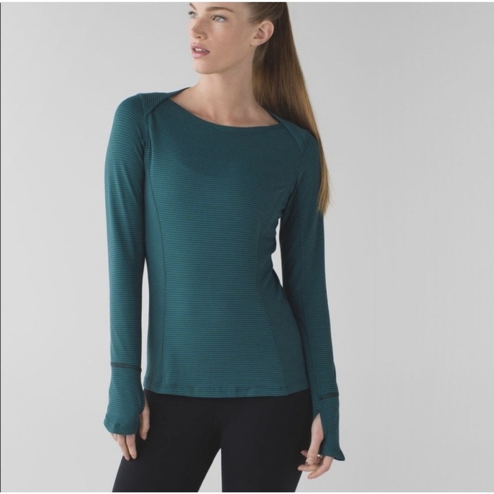 Lululemon Kanto Catch Me Long Sleeve Top Size 10 Teal Striped Thumbholes